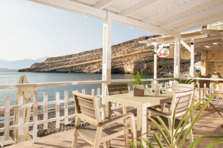 Private terrace with sea view at beachfront studio in Matala, Crete